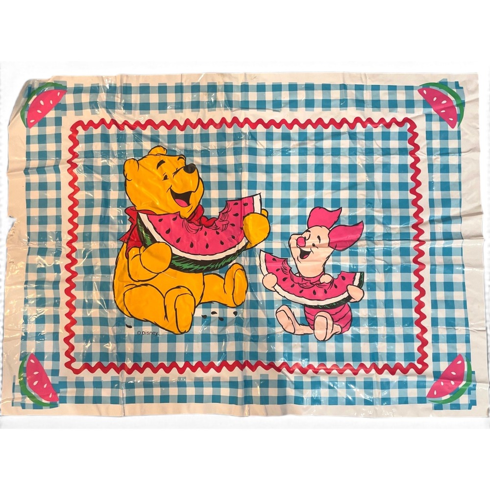 Vintage Disney Winnie the Pooh Piglet Watermelon Vinyl Tablecloth Picnic Gingham